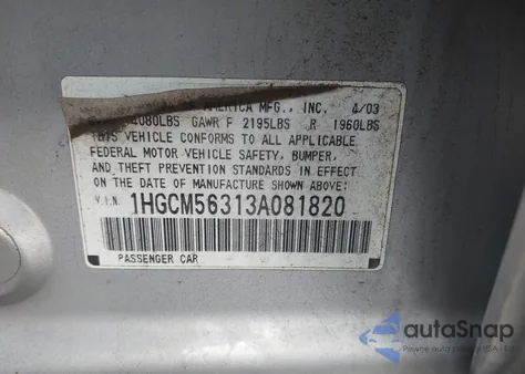 2003 Honda Accord 2.4 Lx from USA, damaged, VIN 1HGCM56313A081820